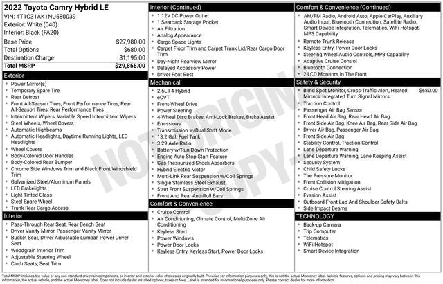 2022 Toyota Camry Hybrid LE